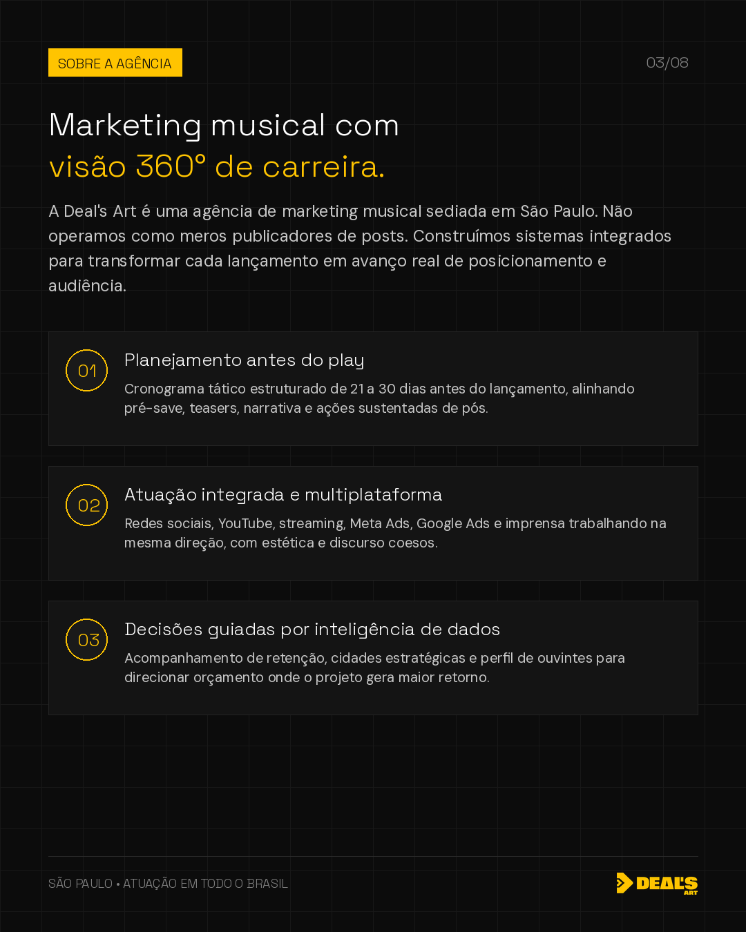 Arte oficial da Deal's Art sobre marketing musical com visão 360° de carreira.