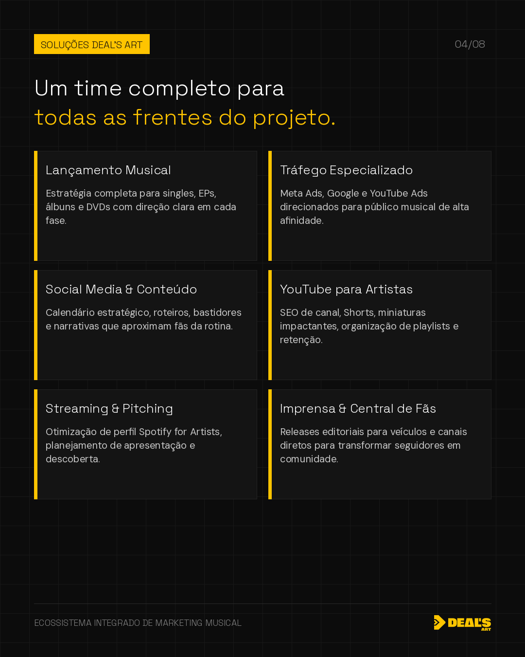 Arte oficial da Deal's Art com as principais frentes de marketing musical.